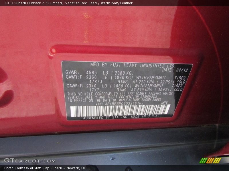 Venetian Red Pearl / Warm Ivory Leather 2013 Subaru Outback 2.5i Limited