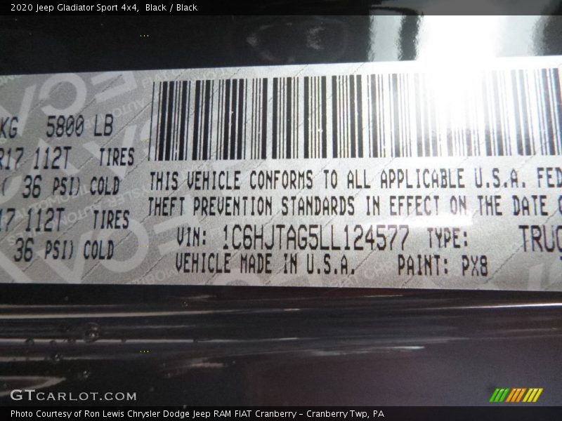 2020 Gladiator Sport 4x4 Black Color Code PX8