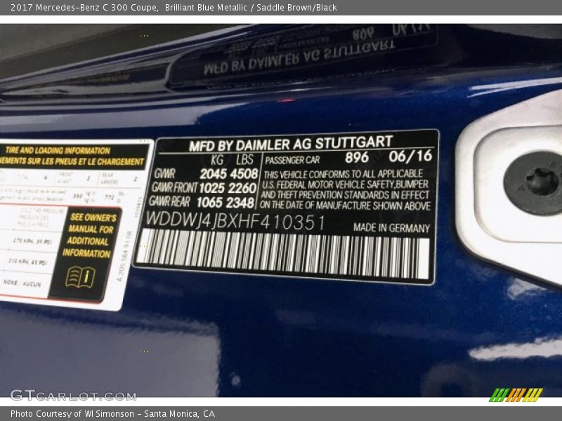 Brilliant Blue Metallic / Saddle Brown/Black 2017 Mercedes-Benz C 300 Coupe