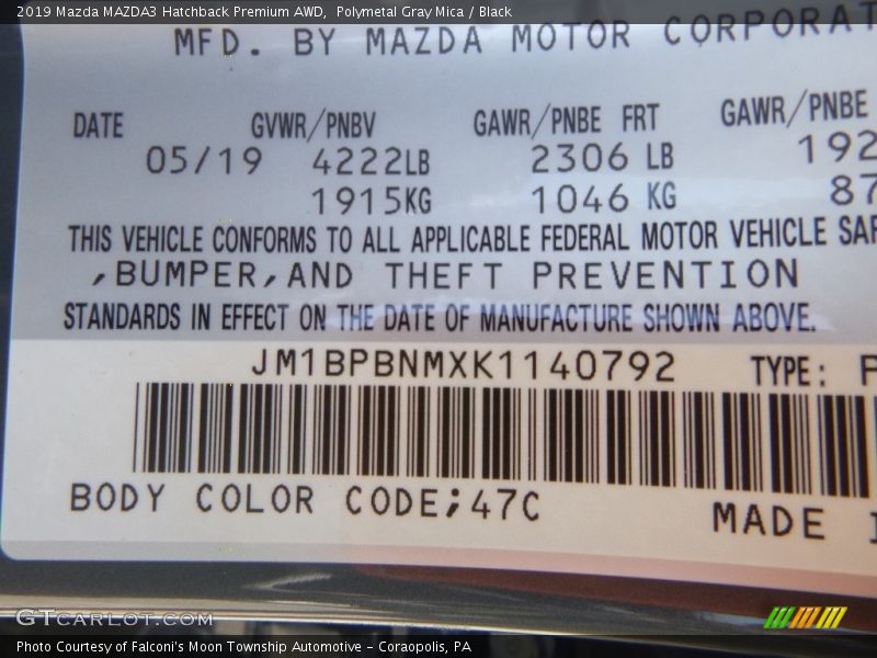 2019 MAZDA3 Hatchback Premium AWD Polymetal Gray Mica Color Code 47C