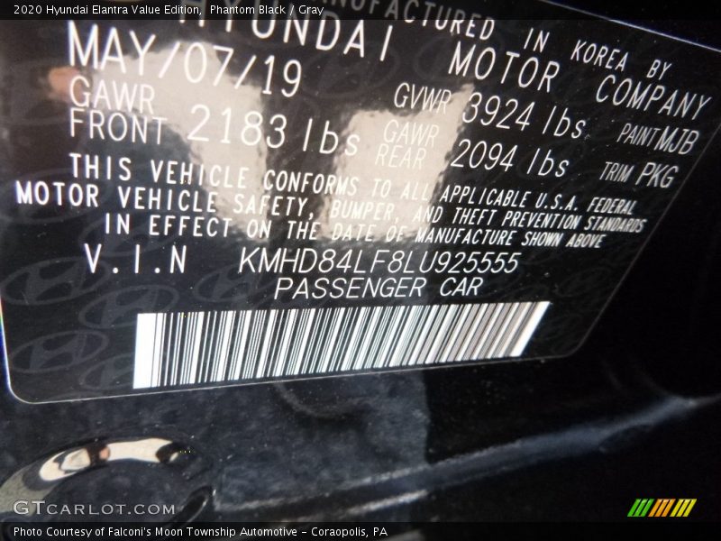 Phantom Black / Gray 2020 Hyundai Elantra Value Edition