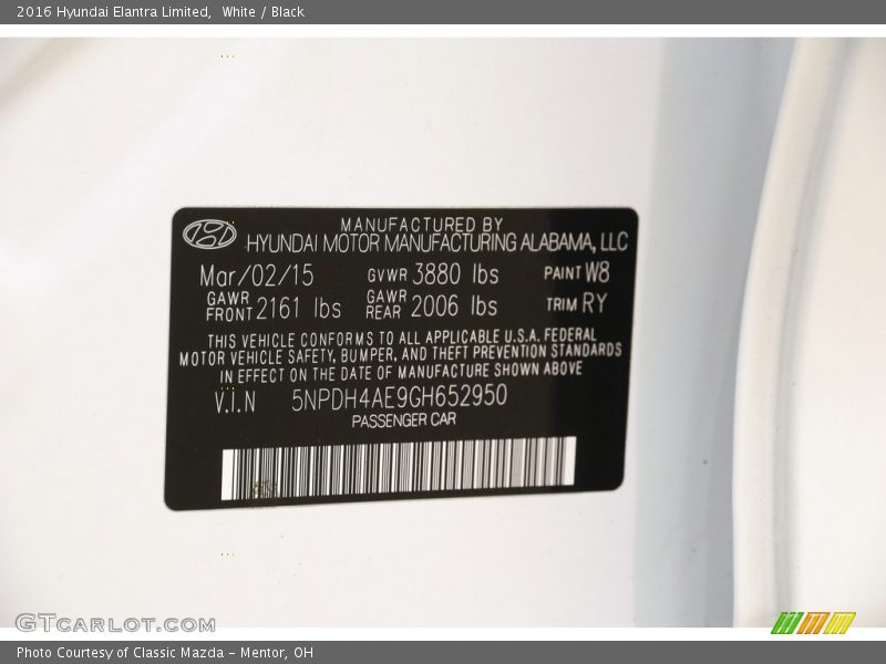 White / Black 2016 Hyundai Elantra Limited