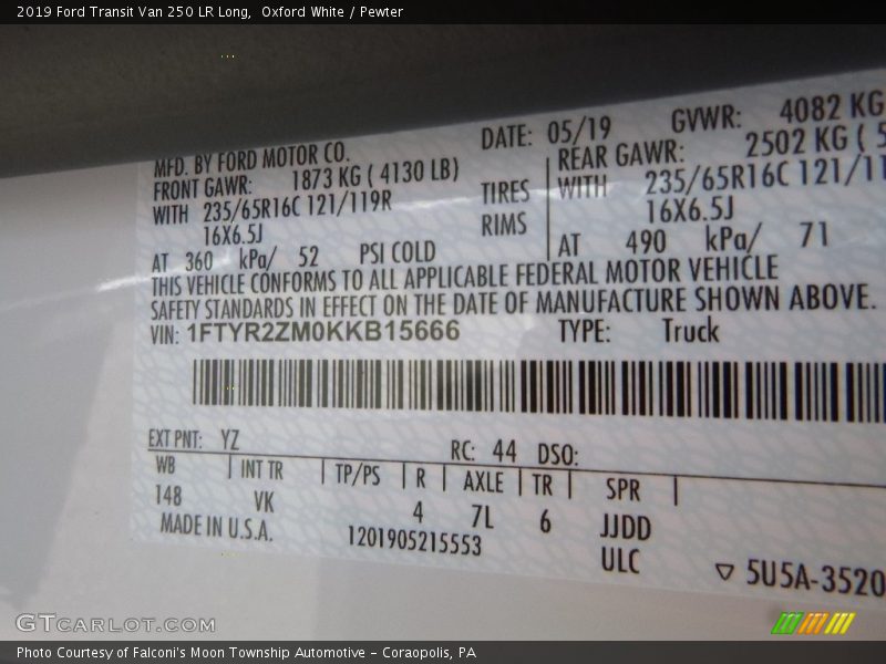 2019 Transit Van 250 LR Long Oxford White Color Code YZ
