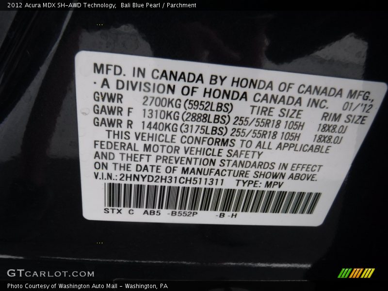 Bali Blue Pearl / Parchment 2012 Acura MDX SH-AWD Technology