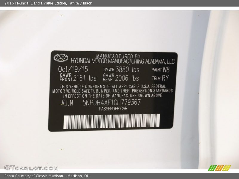 White / Black 2016 Hyundai Elantra Value Edition