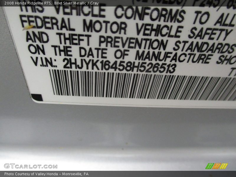 Billet Silver Metallic / Gray 2008 Honda Ridgeline RTS