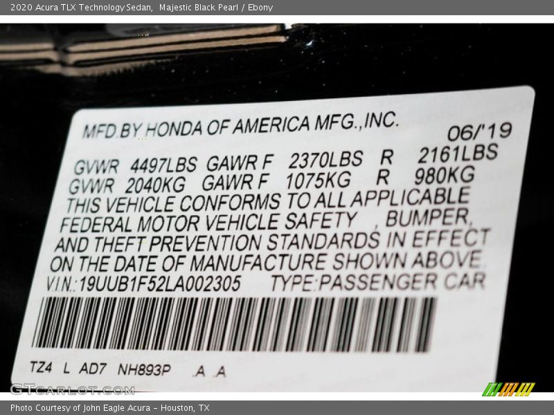 2020 TLX Technology Sedan Majestic Black Pearl Color Code NH893P