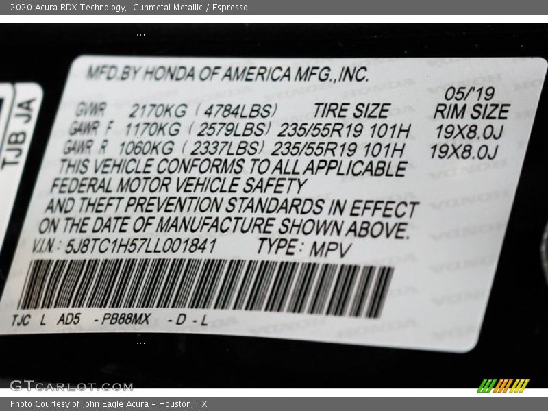 2020 RDX Technology Gunmetal Metallic Color Code PB88MX