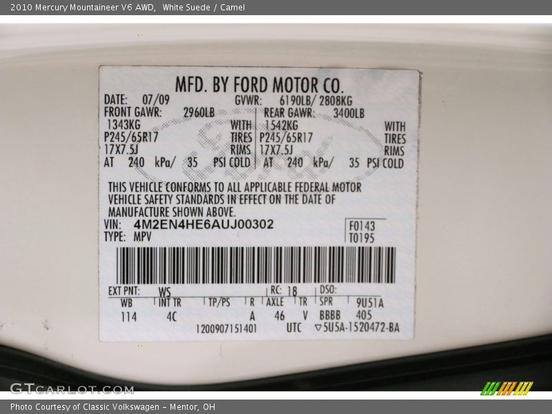 White Suede / Camel 2010 Mercury Mountaineer V6 AWD
