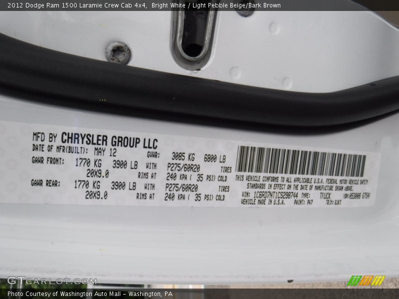 Bright White / Light Pebble Beige/Bark Brown 2012 Dodge Ram 1500 Laramie Crew Cab 4x4