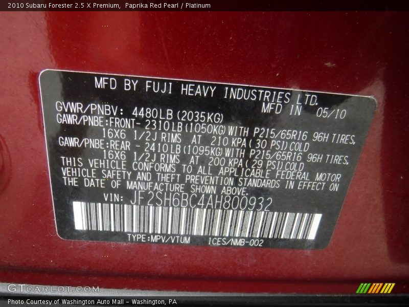 Paprika Red Pearl / Platinum 2010 Subaru Forester 2.5 X Premium