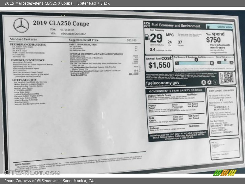 Jupiter Red / Black 2019 Mercedes-Benz CLA 250 Coupe