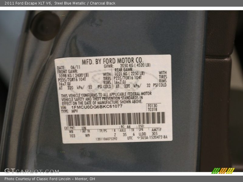 Steel Blue Metallic / Charcoal Black 2011 Ford Escape XLT V6