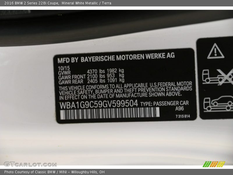 Mineral White Metallic / Terra 2016 BMW 2 Series 228i Coupe