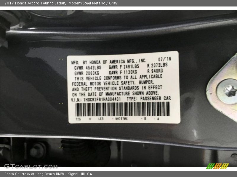 Modern Steel Metallic / Gray 2017 Honda Accord Touring Sedan