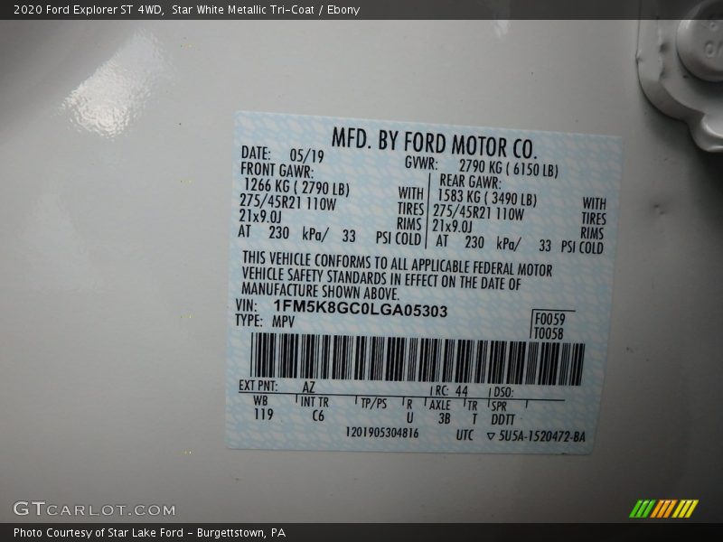 2020 Explorer ST 4WD Star White Metallic Tri-Coat Color Code AZ