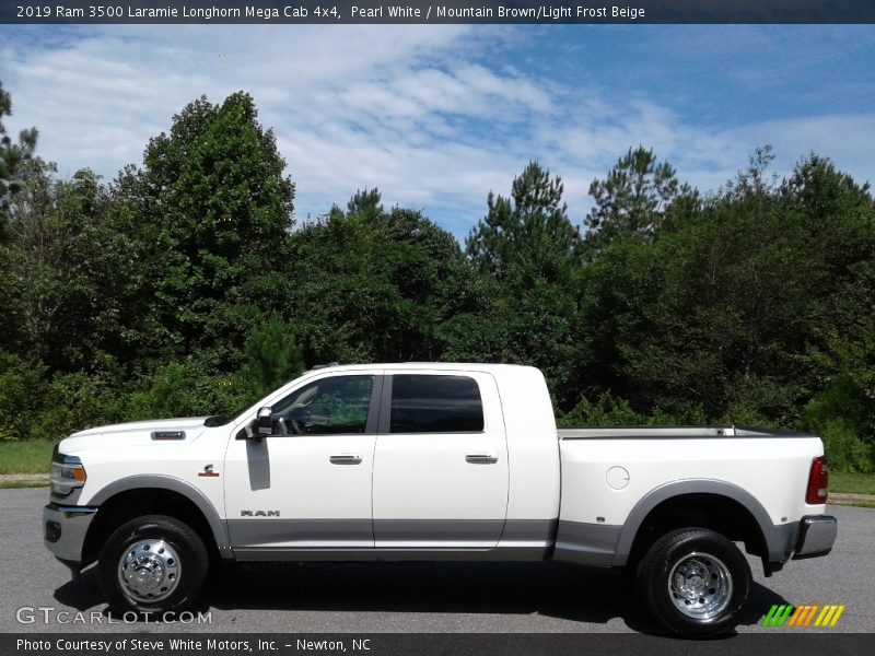 Pearl White / Mountain Brown/Light Frost Beige 2019 Ram 3500 Laramie Longhorn Mega Cab 4x4