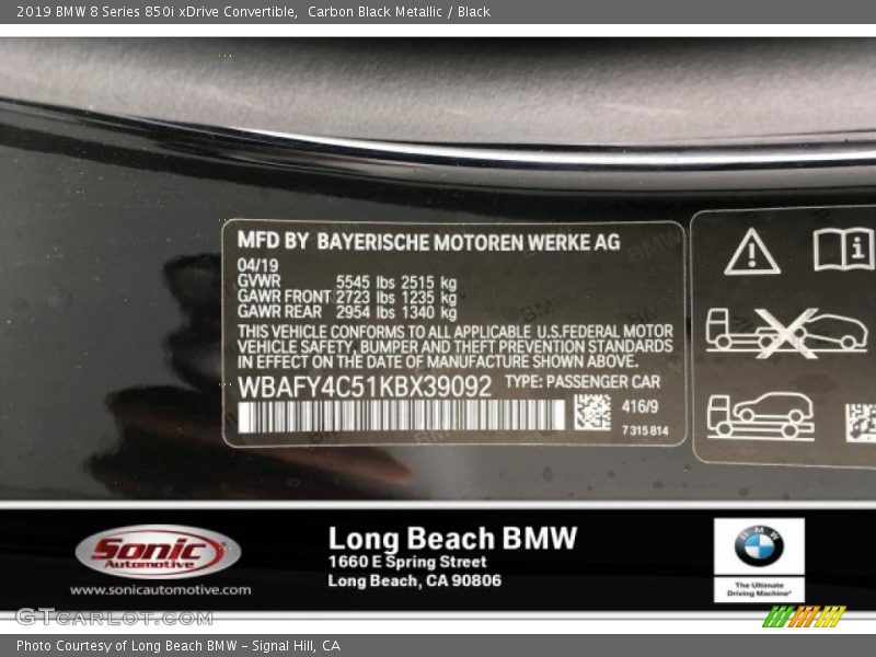 Carbon Black Metallic / Black 2019 BMW 8 Series 850i xDrive Convertible