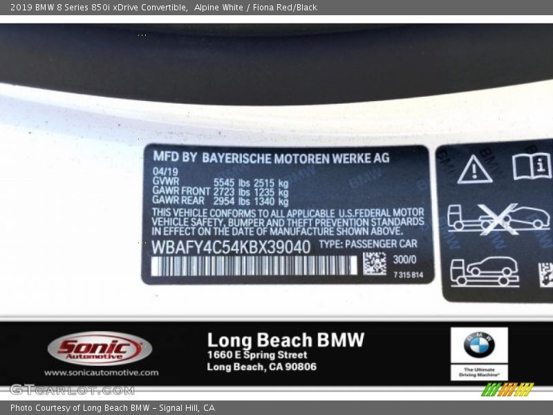 Alpine White / Fiona Red/Black 2019 BMW 8 Series 850i xDrive Convertible