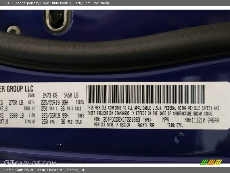 Blue Pearl / Black/Light Frost Beige 2012 Dodge Journey Crew