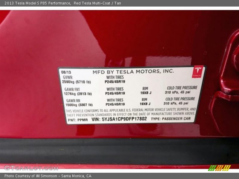 Info Tag of 2013 Model S P85 Performance