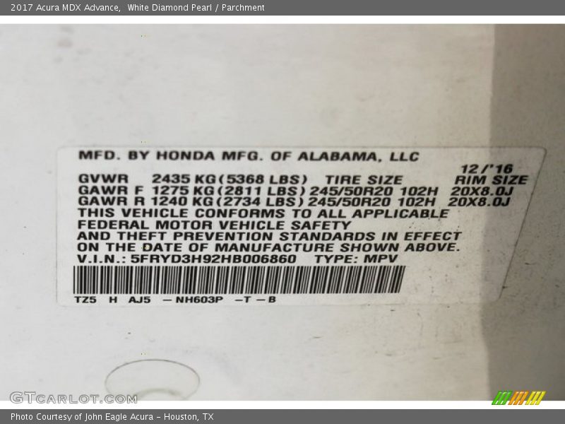 White Diamond Pearl / Parchment 2017 Acura MDX Advance