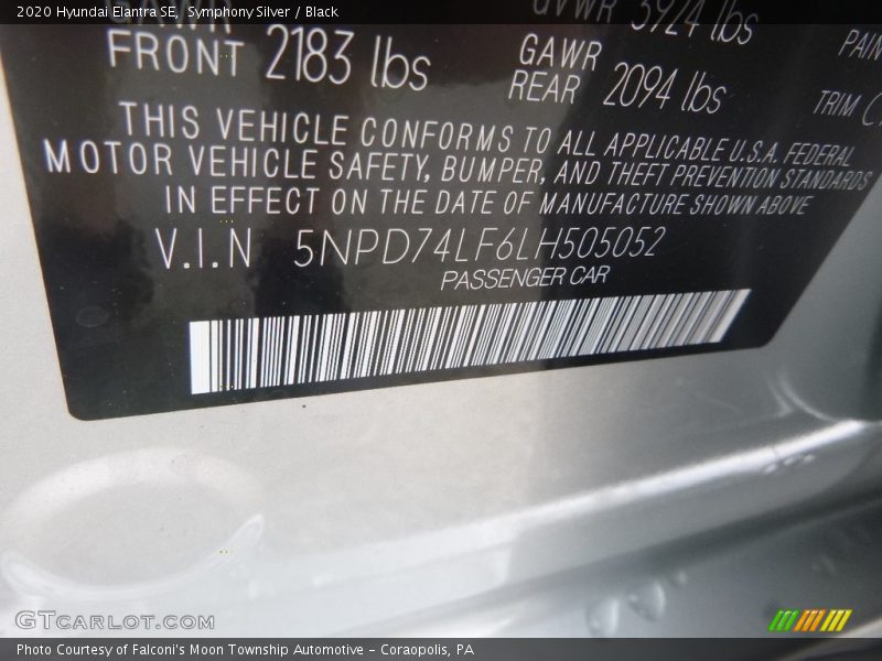 Symphony Silver / Black 2020 Hyundai Elantra SE