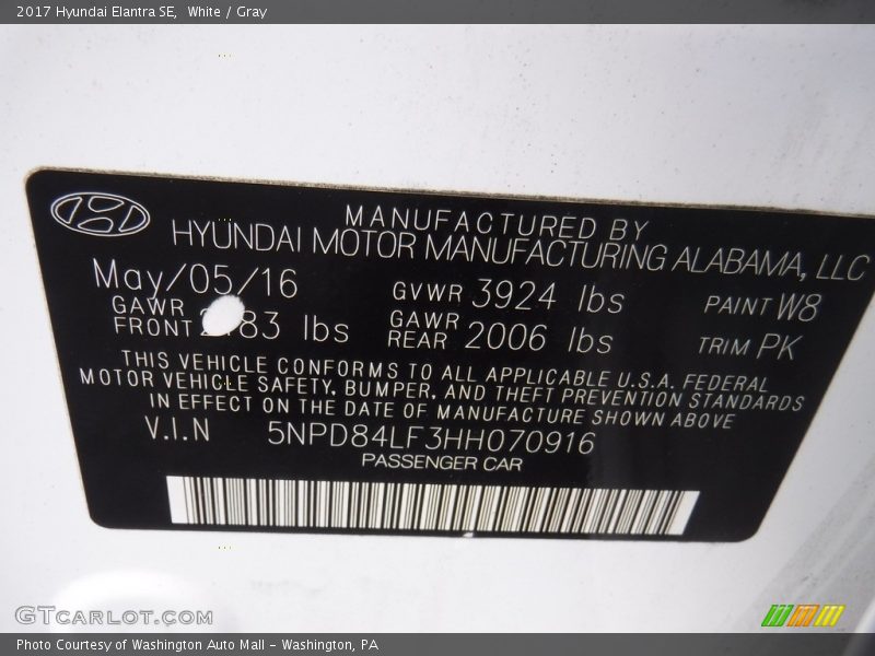 White / Gray 2017 Hyundai Elantra SE