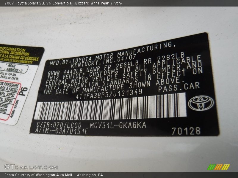 Blizzard White Pearl / Ivory 2007 Toyota Solara SLE V6 Convertible