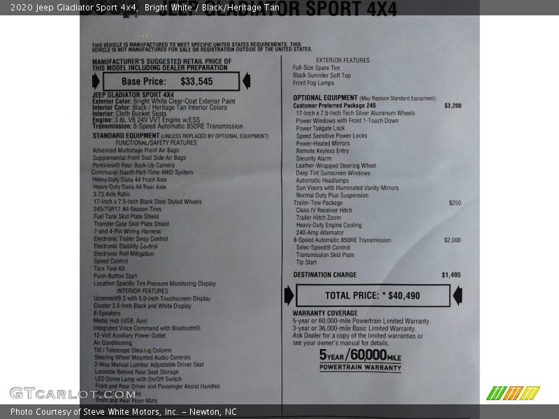  2020 Gladiator Sport 4x4 Window Sticker