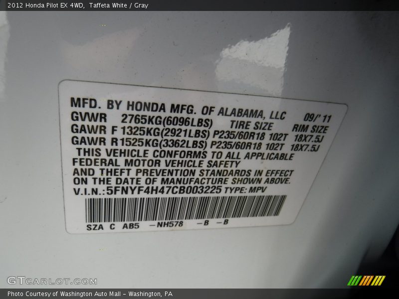 Taffeta White / Gray 2012 Honda Pilot EX 4WD