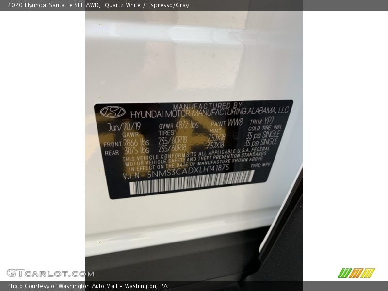 Quartz White / Espresso/Gray 2020 Hyundai Santa Fe SEL AWD