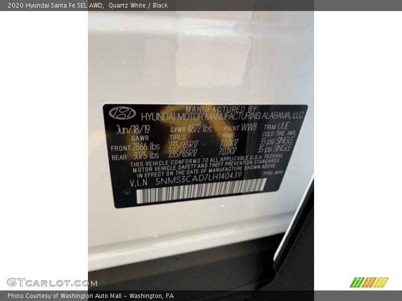 Quartz White / Black 2020 Hyundai Santa Fe SEL AWD