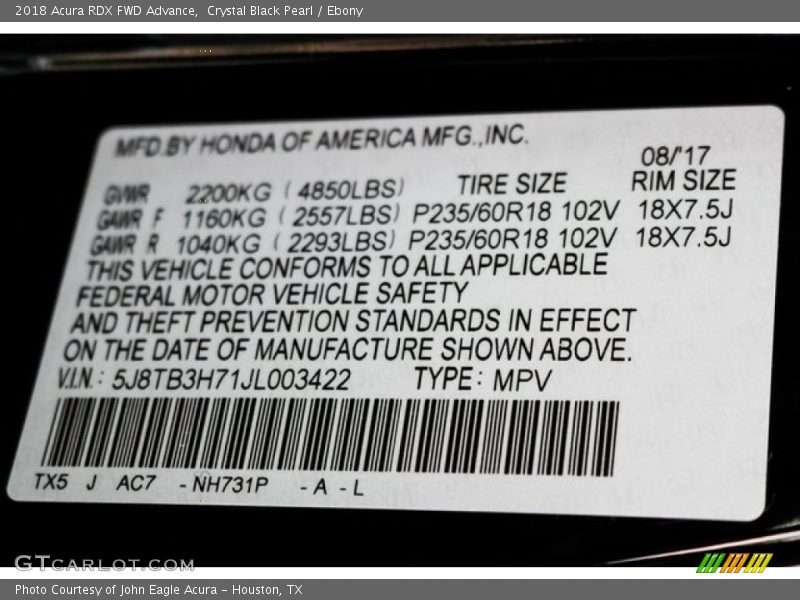 Crystal Black Pearl / Ebony 2018 Acura RDX FWD Advance