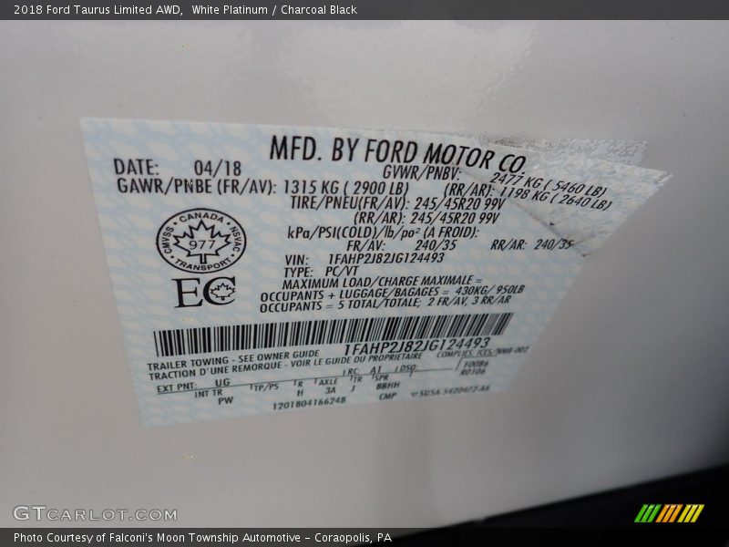 2018 Taurus Limited AWD White Platinum Color Code UG
