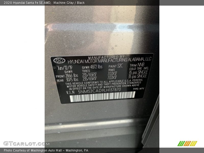 Machine Gray / Black 2020 Hyundai Santa Fe SE AWD