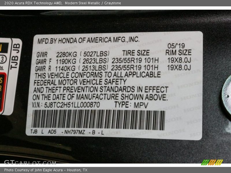 2020 RDX Technology AWD Modern Steel Metallic Color Code NH797MZ