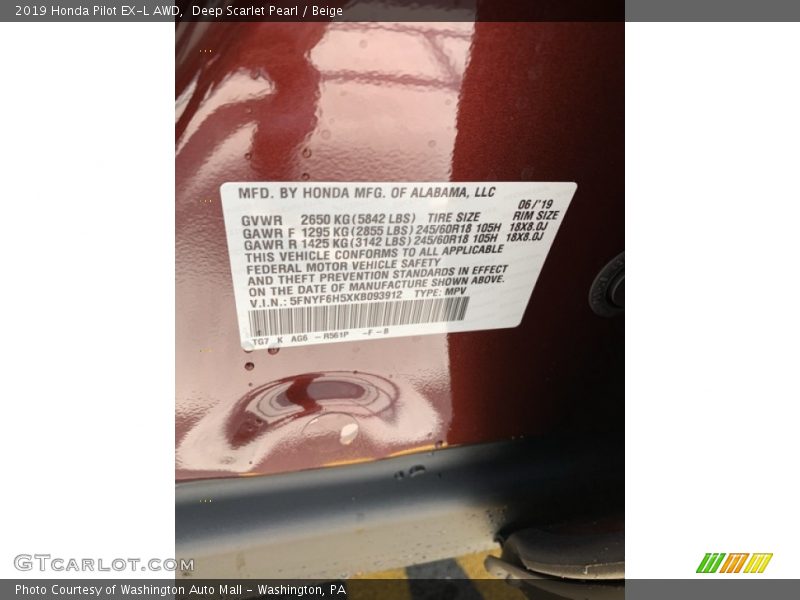 Deep Scarlet Pearl / Beige 2019 Honda Pilot EX-L AWD