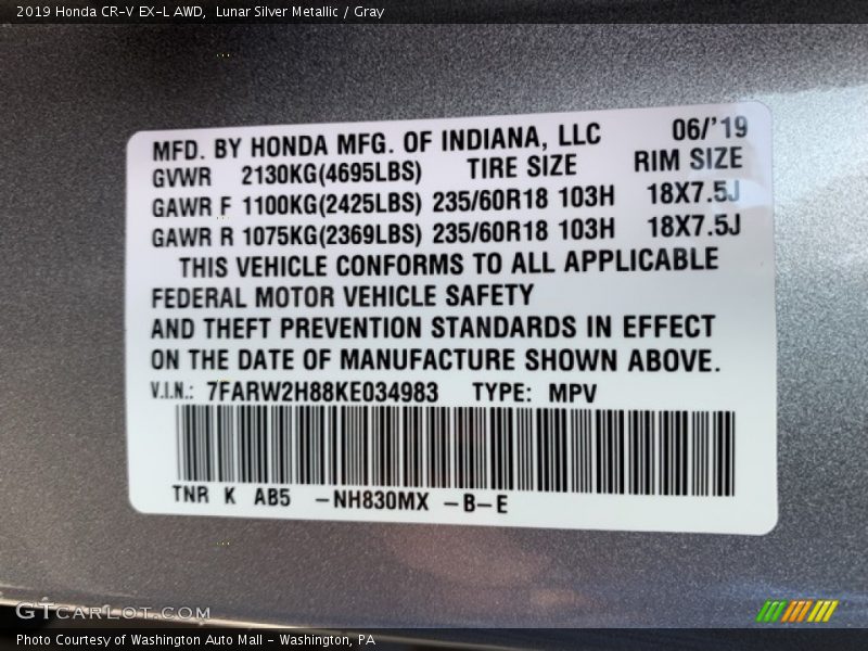 Lunar Silver Metallic / Gray 2019 Honda CR-V EX-L AWD