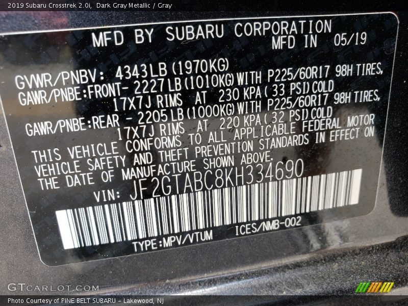 Dark Gray Metallic / Gray 2019 Subaru Crosstrek 2.0i