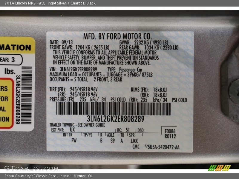 Ingot Silver / Charcoal Black 2014 Lincoln MKZ FWD
