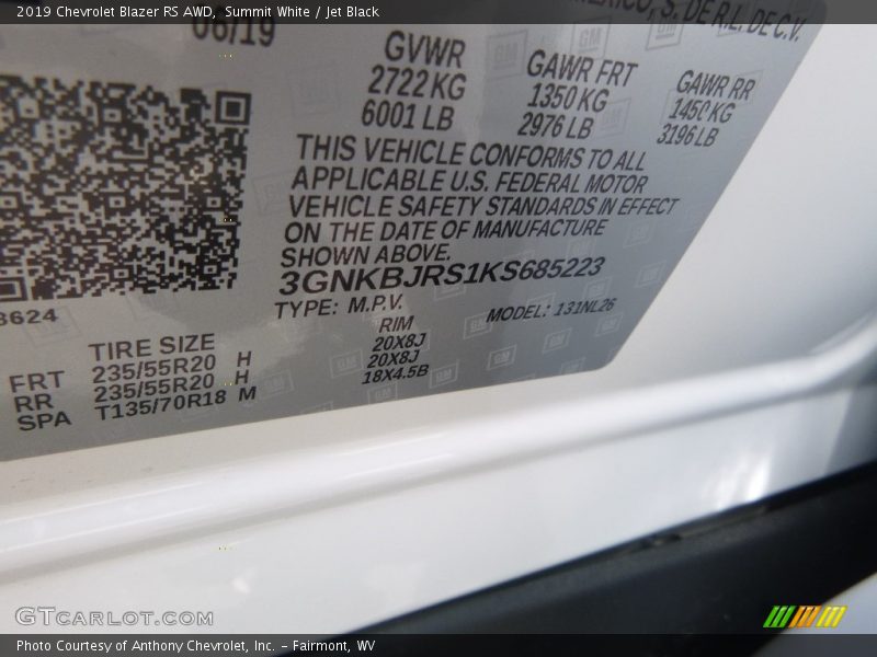 Summit White / Jet Black 2019 Chevrolet Blazer RS AWD