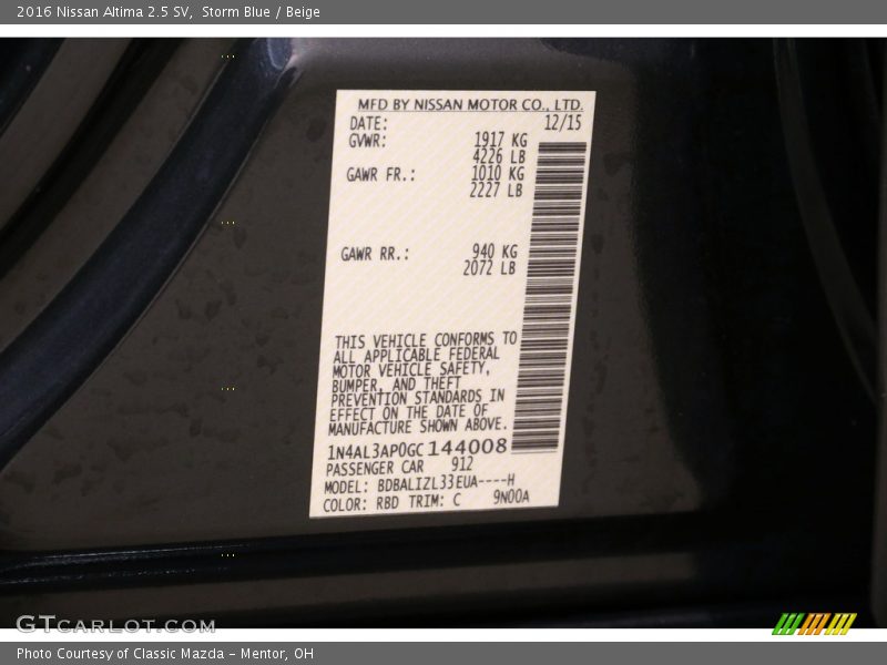 Storm Blue / Beige 2016 Nissan Altima 2.5 SV
