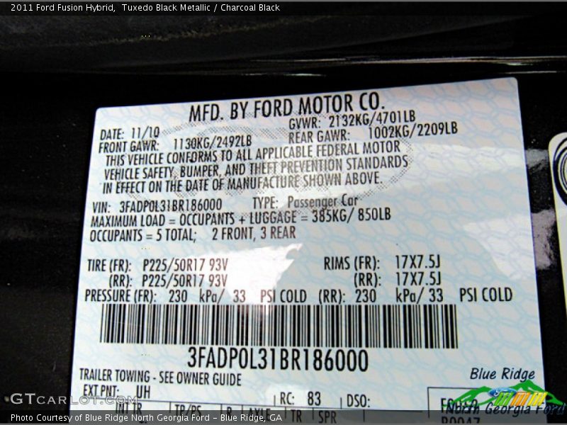 Tuxedo Black Metallic / Charcoal Black 2011 Ford Fusion Hybrid