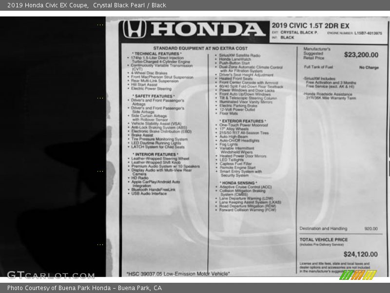 Crystal Black Pearl / Black 2019 Honda Civic EX Coupe