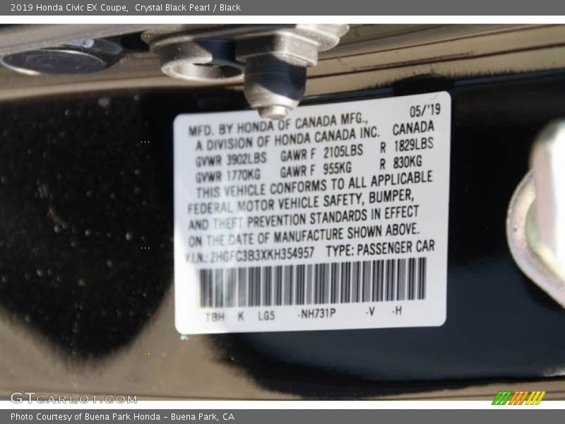 Crystal Black Pearl / Black 2019 Honda Civic EX Coupe