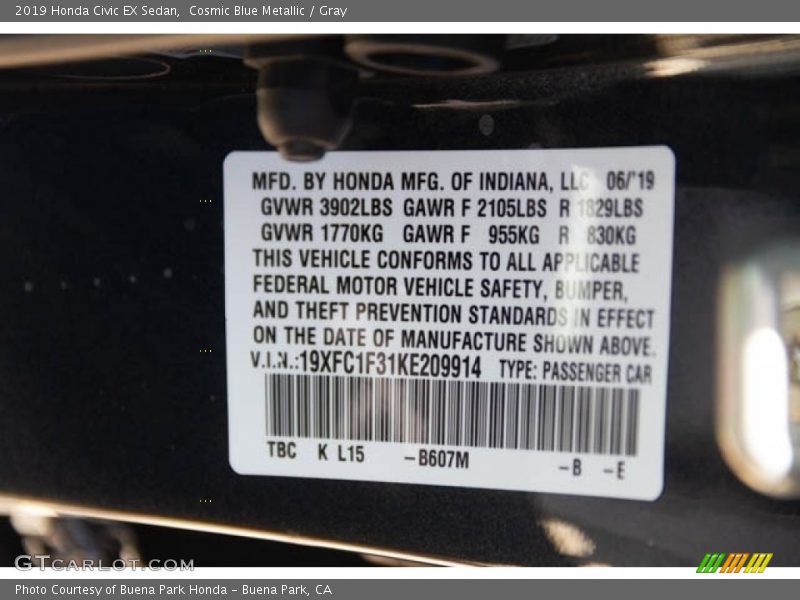 Cosmic Blue Metallic / Gray 2019 Honda Civic EX Sedan