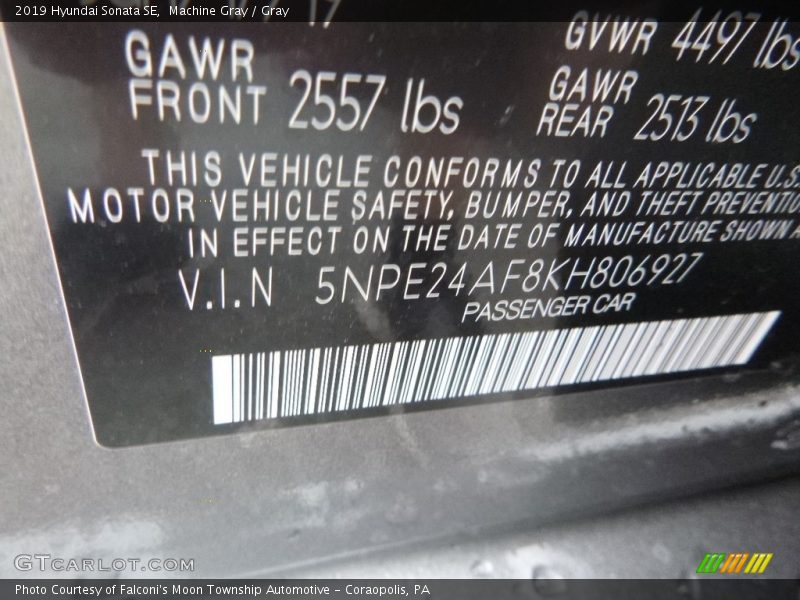 Machine Gray / Gray 2019 Hyundai Sonata SE