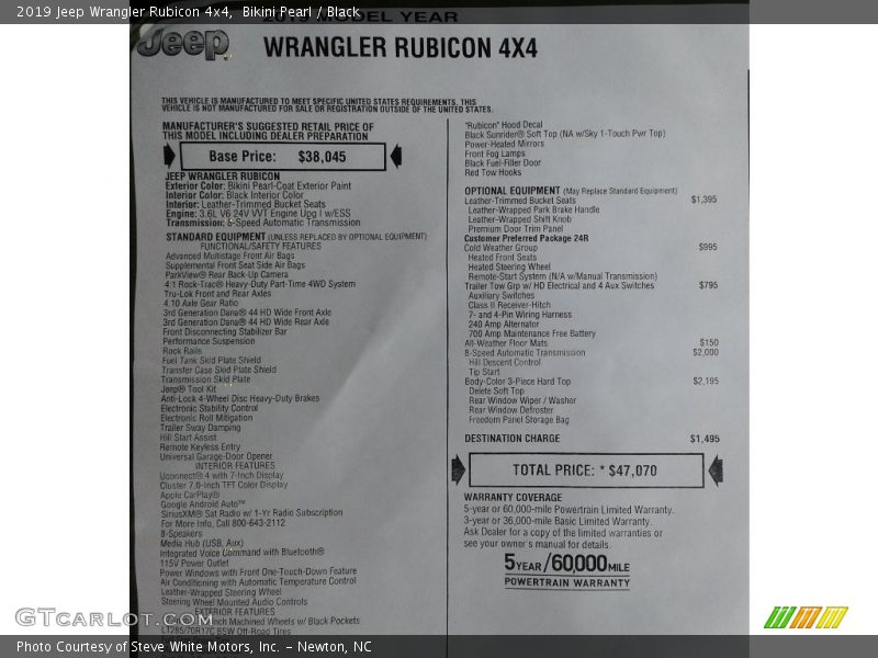  2019 Wrangler Rubicon 4x4 Window Sticker