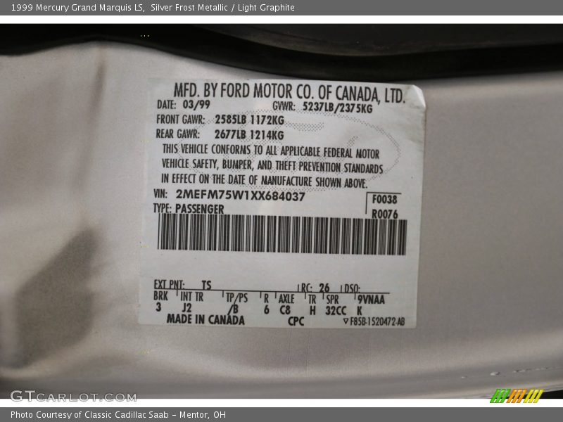 Silver Frost Metallic / Light Graphite 1999 Mercury Grand Marquis LS
